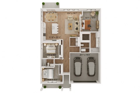 a floor plan of a 3 bedroom unit with a wood floor